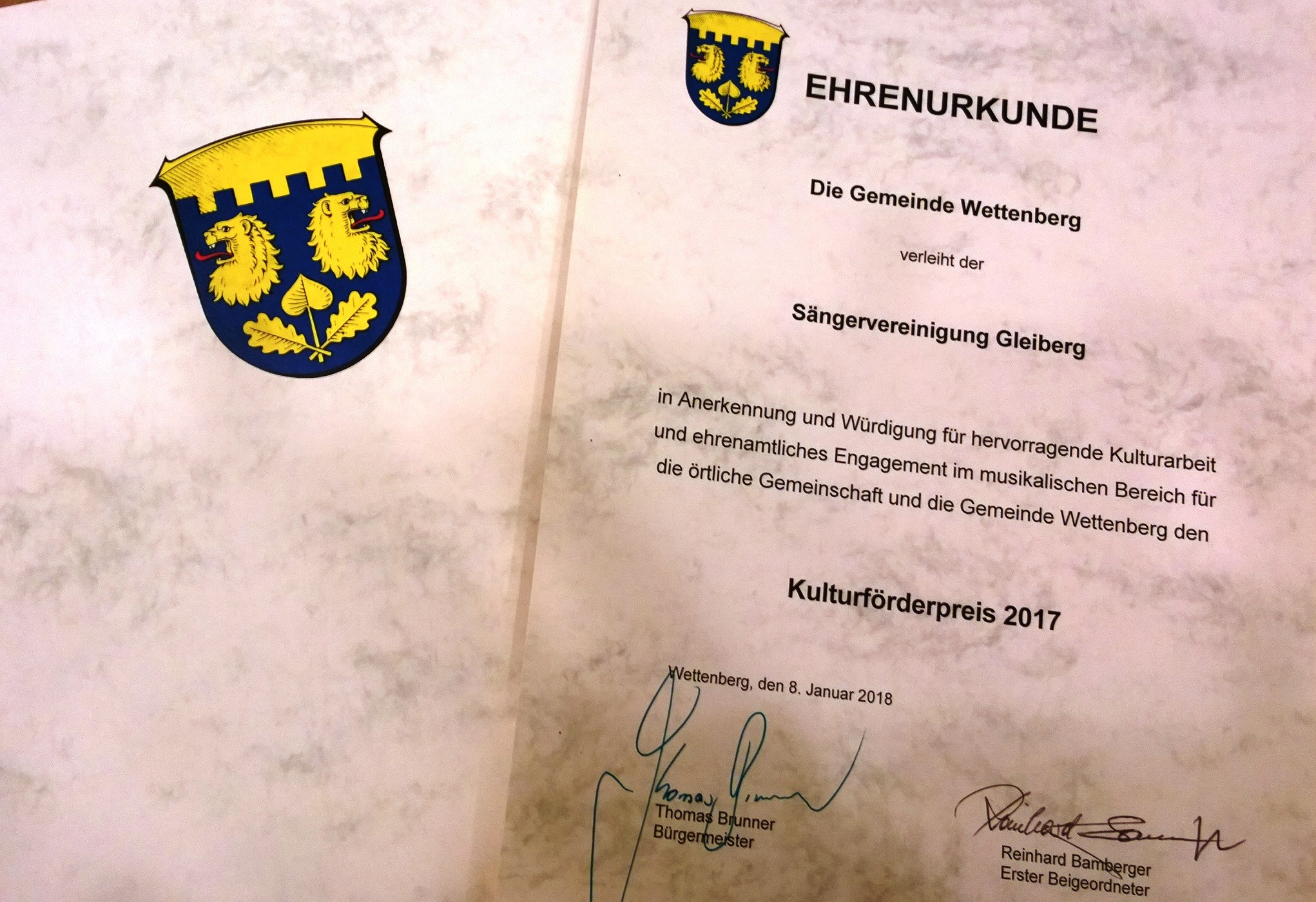 Gemeinde Wettenberg verleiht Kulturförderpreis 2017 an die Sängervereinigung Gleiberg